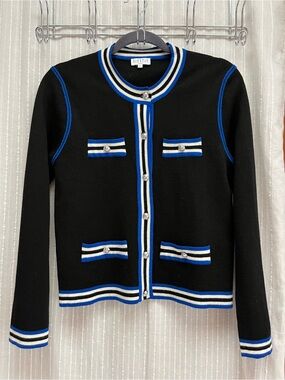 Claudie Pierlot Meonie Contrast Knit Cardigan Sweater Jacket Black Blue Sz 2
